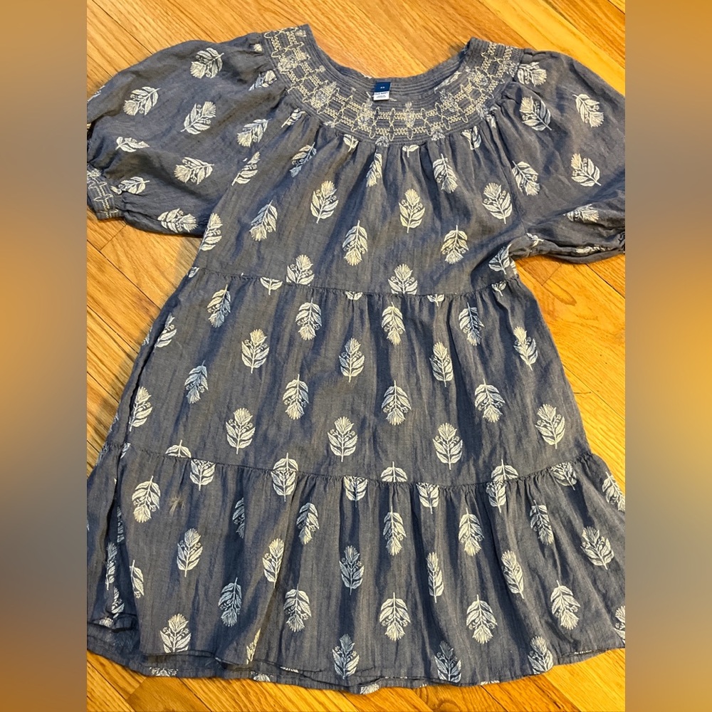Old Navy Mini Dress XS Puff Sleeve Embroidered Tiered Blue Cottagecore Chambray